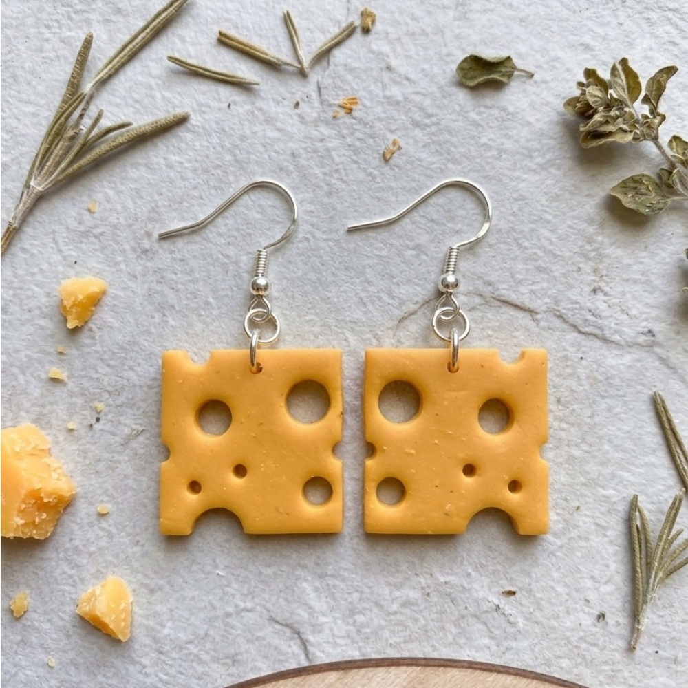 Square Swiss Cheese Slice - Handmade Earrings - Yellow